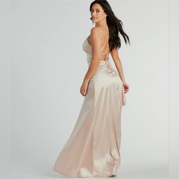 Windsor Laurel Lace-Up A-Line Slit Satin Formal Dress - Picture 3 of 13